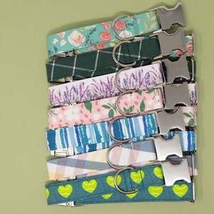 May include: A collection of dog collars with various fabric patterns. Designs include floral, plaid, lavender, and striped patterns. Each collar has a silver metal buckle and a D-ring for leash attachment. The collars are displayed on a light green background.