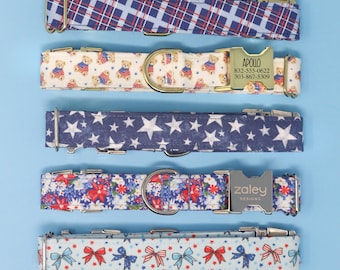Red White & Blue Dog Collar, 4th of July Pet Accessory, Customized Engraving Available