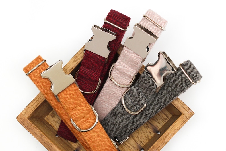 Puede incluir: Cuatro collares para perros en una caja de madera. Los collares est&aacute;n hechos de tela de espiga y tienen hebillas plateadas. Los colores de los collares son naranja, burdeos, gris y rosa.
