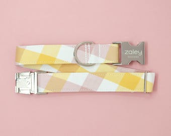 Hondenhalsband, roze, gele en witte plaid, zomer of lente, handgemaakte katoenen halsband voor huisdieren, metalen gesp