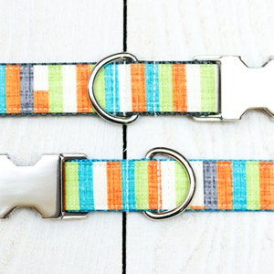 May include: A striped dog collar with a silver buckle and D-ring. The collar is made of woven fabric with stripes of green, orange, blue, white and grey.