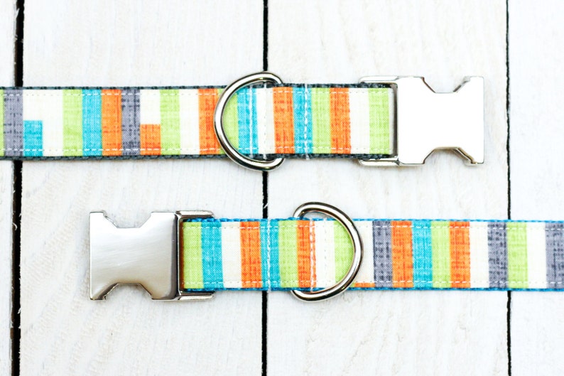 May include: A striped dog collar with a silver buckle and D-ring. The collar is made of woven fabric with stripes of green, orange, blue, white and grey.