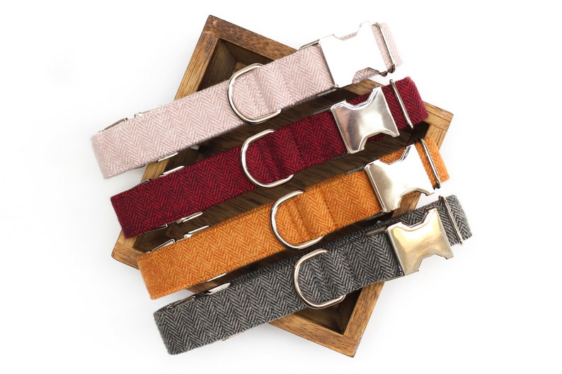Puede incluir: Cuatro collares para perros en diferentes colores: rosa, rojo, naranja y gris. Los collares est&aacute;n hechos de una tela con estampado de espiga y tienen hebillas de metal plateado.