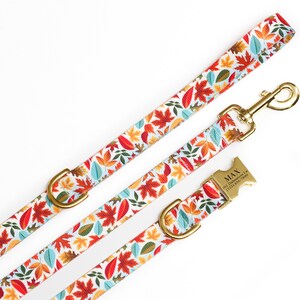 May include: A white dog collar and leash with a colorful autumn leaf pattern. The collar has a gold buckle with the name "MAX" engraved on it.