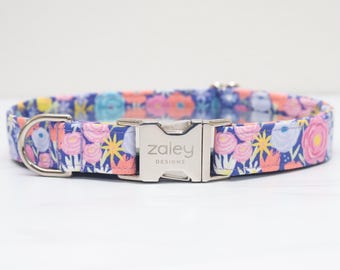 Purple Floral Dog Collar, Girly Pet Collar, Metal Hardware, Handmade Collar