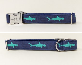 Mint Hammerhead Sharks Dog Collar with metal buckle, Shark Week Dog Collar, Shark Dog Collar, Ocean Dog Collar, Navy Blue, Zaley Designs