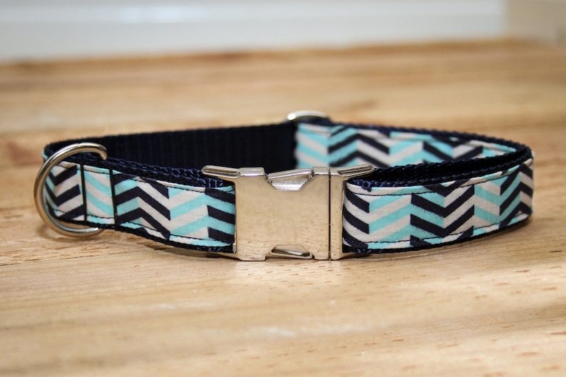 May include: A blue and white chevron patterned dog collar with a silver buckle.