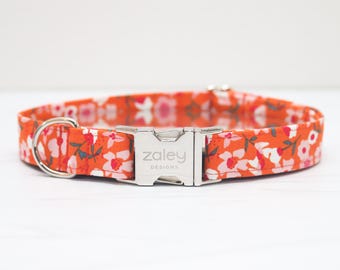 Oranje bloemenhalsband, zomerbloem hondenhalsband, girly, lentehalsband, handgemaakt, metalen gesp