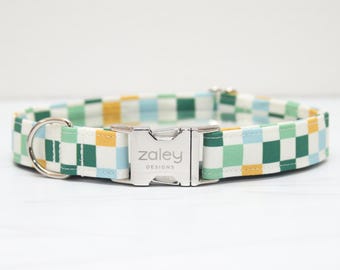 Geruite hondenhalsband, geblokte hondenhalsband, blauw, groen, geel, jongensruit, handgemaakt, metalen gesp, ruit