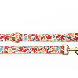May include: A white dog leash with a gold clasp and a colorful autumn leaf pattern.