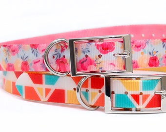 May include: Two dog collars, one with a pink floral pattern and the other with a geometric pattern in orange, yellow, and turquoise.