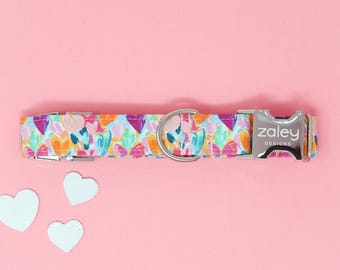 Hundehalsband mit bunten Herzen, Metallschnalle, Baumwolle