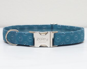 Navy Blue Smiley Faces Dog Collar, Male Pet Collar, Retro, Funky, Smile, Metal Hardware, Handmade Collar