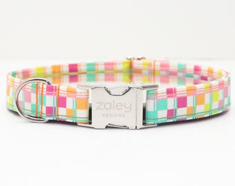 Collare per cani a quadri neon: collare estivo arcobaleno con fibbia in metallo