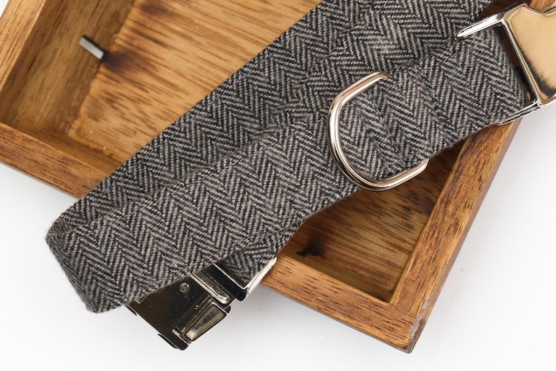 Puede incluir: Un collar de perro de color gris y blanco con estampado de espiga y herrajes plateados, incluyendo un anillo en D y una hebilla.