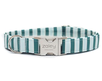 Hemelsblauwe en blauwgroene streep hondenhalsband, cabana streep, hondenhalsband jongens, aangepaste hondenhalsband, handgemaakt, personaliseerbaar