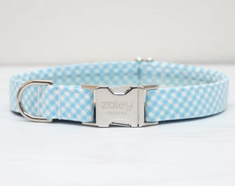 Babyblauwe en witte geruite geruite hondenhalsband, knappe jongen puppyhalsband, lente, zomer, handgemaakt katoen