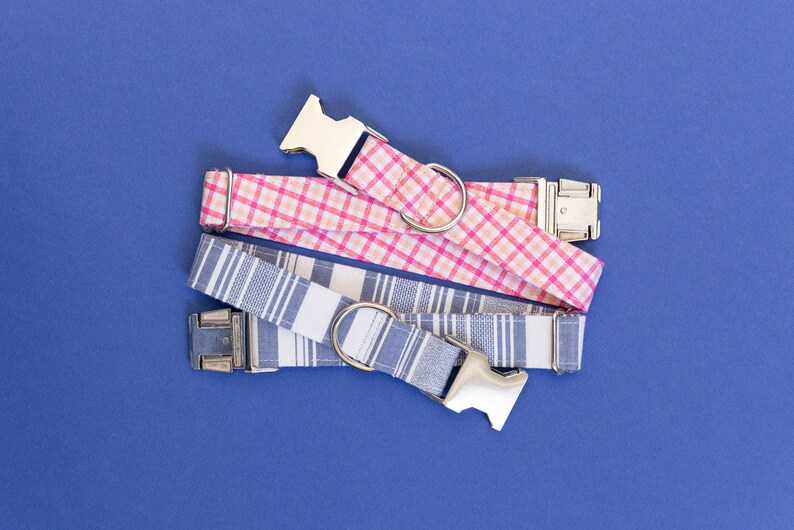 May include: Two dog collars, one pink and white checked and one blue and white striped, with silver buckles.