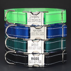Personalized Reflective Webbing Dog Collar, High Visibility Dog Collar, Boy Dog Collar, Engraved Name & Phone Number, Safety Dog Collar