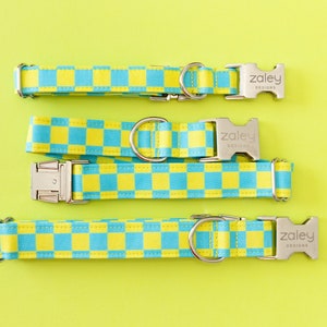 グリーン＆ブルーのチェック柄犬用首輪、ボーイズ犬用首輪、ブルーチェック犬用首輪、ヒップスター犬用首輪、クール犬用首輪、ネオン、明るい犬用首輪