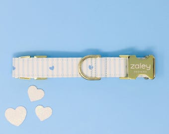 Hundehalsband Hellblau mit Streifen und Herzen: Metallschnalle, Baumwolle