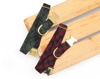 Flannel Plaid Dog Collar: Autumn Olive or Burgundy, Metal Buckle