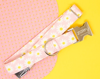 Light Pink Daisy Dog Collar: Handmade Floral Collar with Silver Buckle