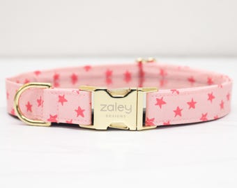 Hot Pink Stars Dog Collar, Girly Pet Collar, Metal Hardware, Handmade Collar