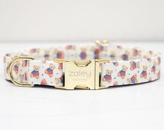 Patriotic Teddy Bears Dog Collar, 4th of July Pet Collar, American Flag, USA Dog Collar, Metal Hardware, Handmade Collar