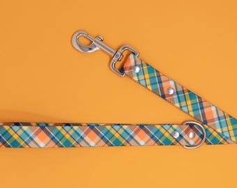 Teal Plaid Dog Leash: Heavy Duty Polyester Webbing