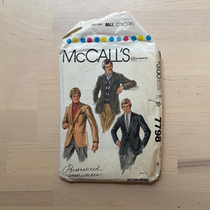 May include: Vintage McCall's sewing pattern for men's jackets and blazers. The pattern envelope features illustrations of three men in different jacket styles. The text on the envelope reads "McCall's 7798 Men Size".