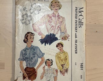McCalls 1651 Vintage 1952 Embroidered Blouse pattern 30&quot; Bust