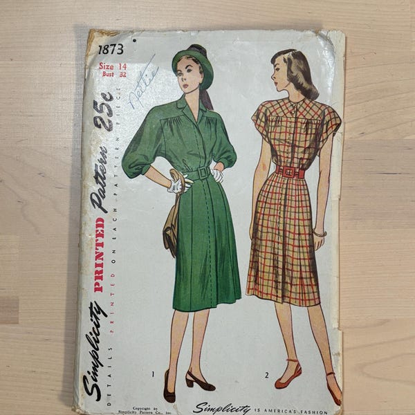 Simplicity 1873 Vintage 1946 Dress Sewing Pattern 32" Bust- Factory Folded