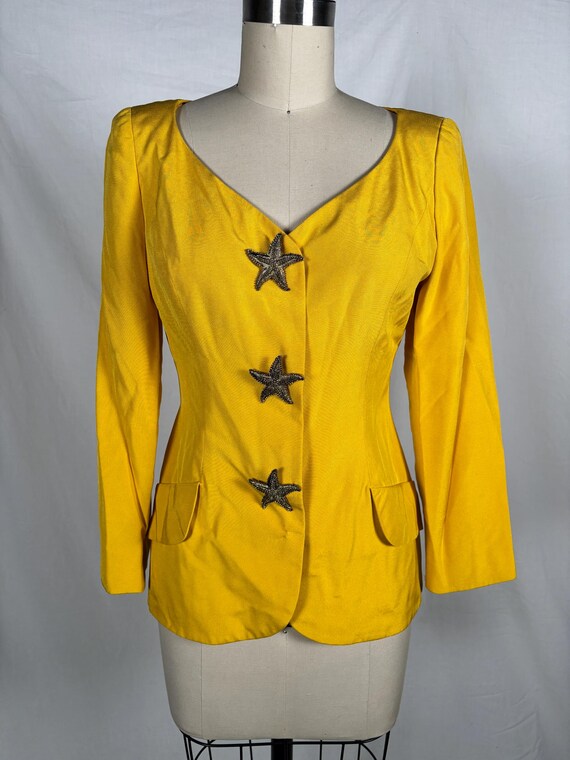 Vintage 80s 100% Silk Yellow Blazer Large Starfis… - image 1
