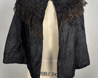 Late Victorian Black Jacquard Silk Caplet with Lace and Jet Beads