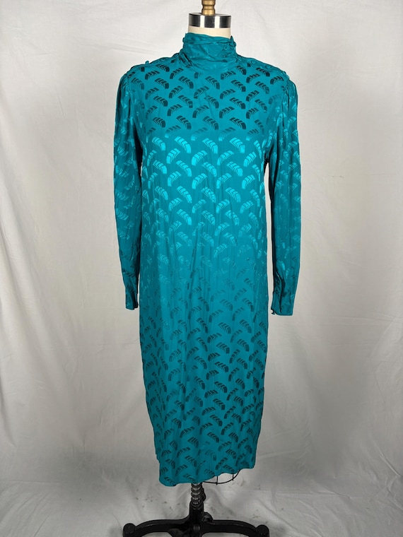 Vintage 1980s Figured Silk Teal Sheath Dress