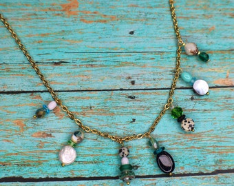 18k Gold Plated Charm Necklace, Gemstone Beaded Jewelry