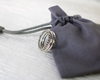 Sterling Silver Stacking Rings Set: Beaded & Hammered Bands