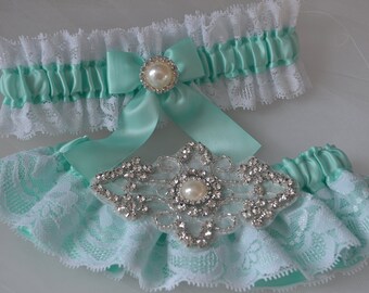 WHITE AQUA BLUE Wedding garter set diamante starfish