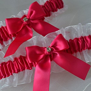 Wedding Garter Set Fuchsia Pink and White Sheer Organza