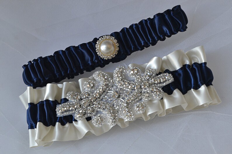 Wedding Garter Set Navy Blue Garters and Ivory Satin With Rhinestone