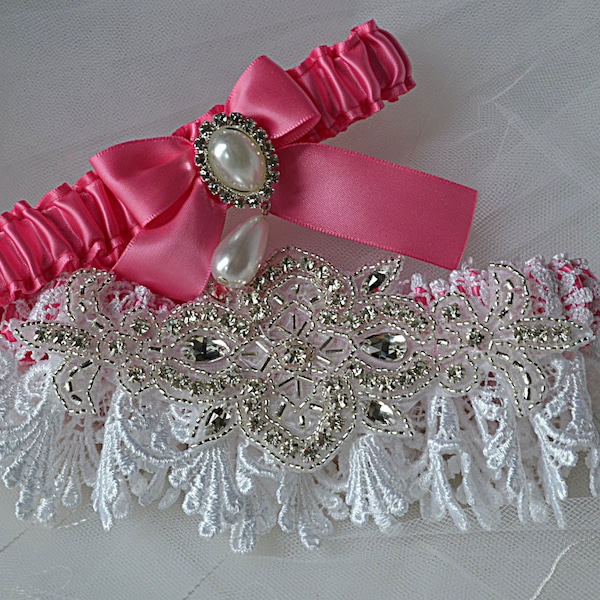 Wedding Garter Set, Hot Pink And White Venise Lace, Rhinestone Garters, Bridal Garters