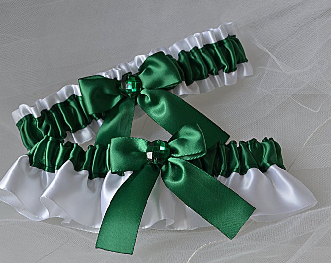 Wedding Garter Set Hunter Green Garters With White Satin Etsy