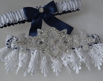 Wedding Garter Set, Navy Blue And White Garters With White Venise Lace, Bridal Garter, Navy Garters