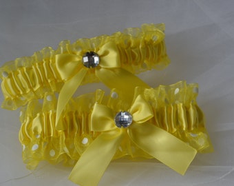 Wedding Garter Set in Canary Yellow with Daffodil Polka Dotted Sheer Organza