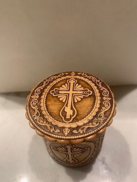 Small Hand Carved Wood Storage Box with Hinged Lid and Metal Cross  Decoration