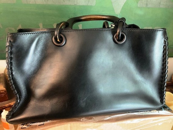 Vintage Gucci Large Black Leather Satchel Handbag With Wood 