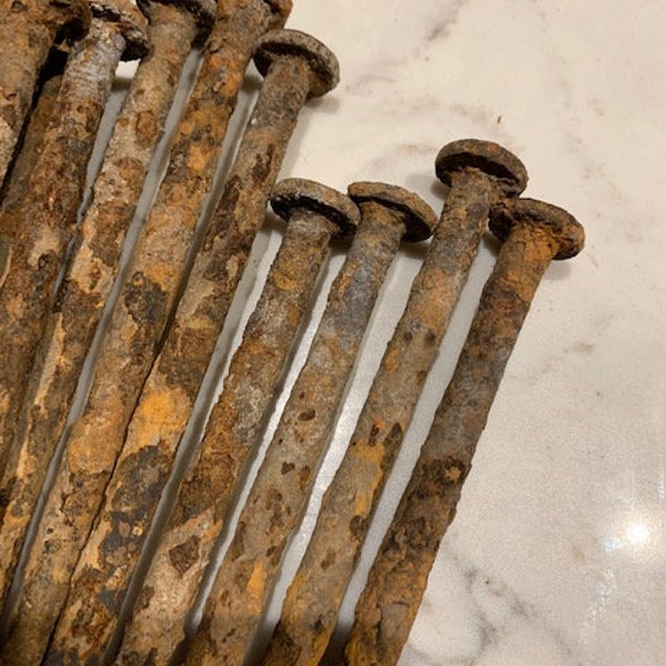 Set of 18 Long Hand Forged Iron Nails Antique Architectural Salvage 10 Inches Long Each