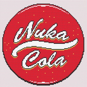May include: A red circle with a white outline and white text that says "Nuka Cola" in a retro font. The circle is filled with small yellow dots.