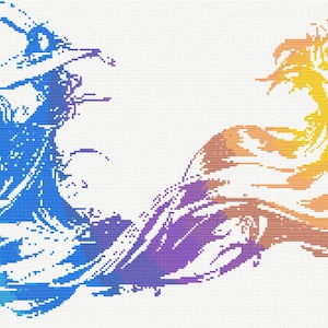 Può includere: Uno schema di punto croce con due forme astratte, una in tonalità di blu e l'altra in tonalità di arancione e giallo. Le forme sono stilizzate e ricordano fiamme o onde.